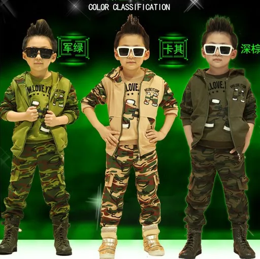 Hot 2018 Spring Fall Children Camouflage Clothing 3 Pcs Boys Sports Track Suit Kids Hooded Coat Tops Pants Military Uniform G104 policemen costumes children s special police service boys army military uniform coat pants belt gloves hat performance cltohes