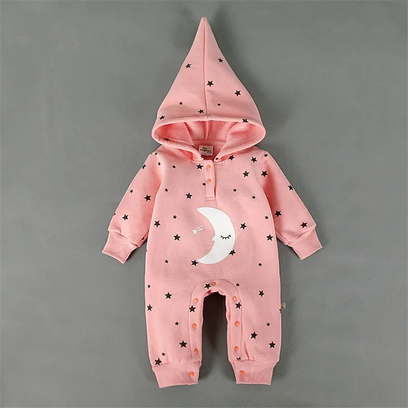 Модный комбинезон для маленьких мальчиков и девочек; весенняя одежда для новорожденных; хлопковые фланелевые теплые комбинезоны с капюшоном; комбинезон для малышей с изображением луны и звезд