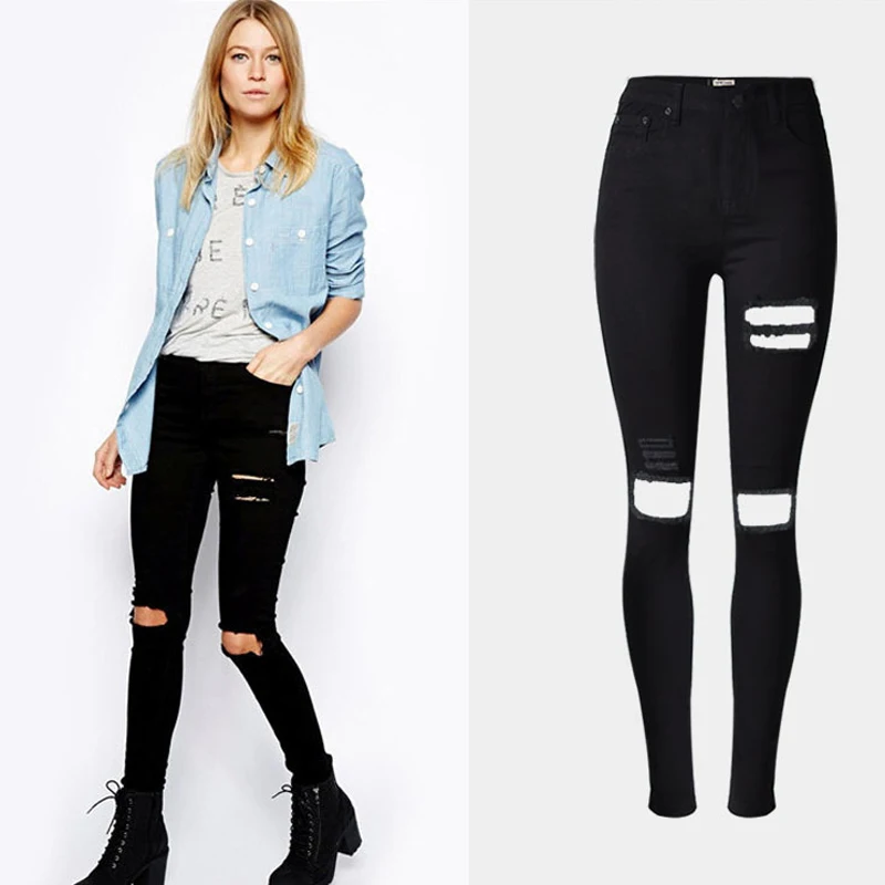 

Olrain Boyfriend for Women Black Color Plus Size Hole Ripped Slim Jeans Street Style Beggar Pants Skinny Pencil Pants