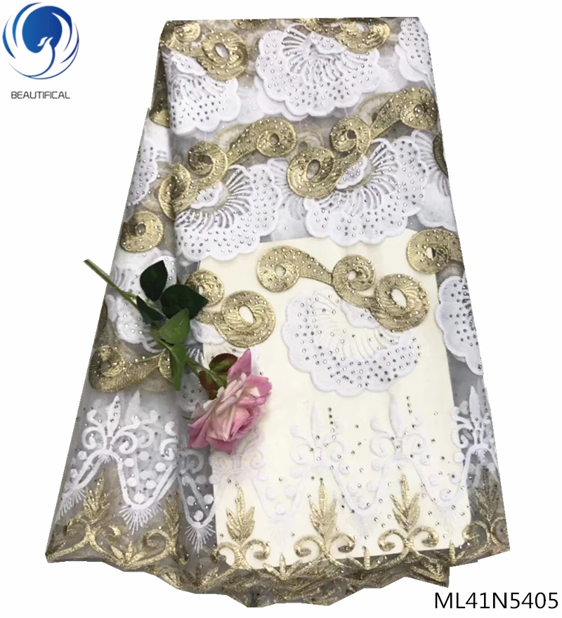 

BEAUTIFICAL gold lace fabric net lace fabrics with rhinestones nigerian lace fabric 2019 high quality wholesale retail ML41N54