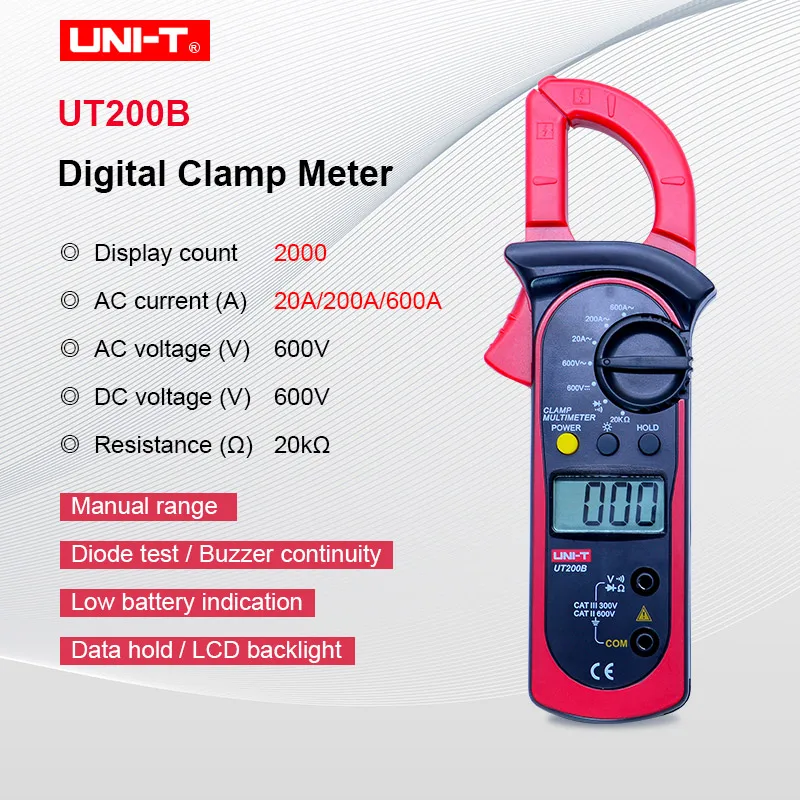 UNI-T UT200 ЖК-цифровой ручной мультиметр-зажим с подсветкой Ом DMM DC вольтметр переменного тока Амперметр переменного тока - Цвет: UT200B