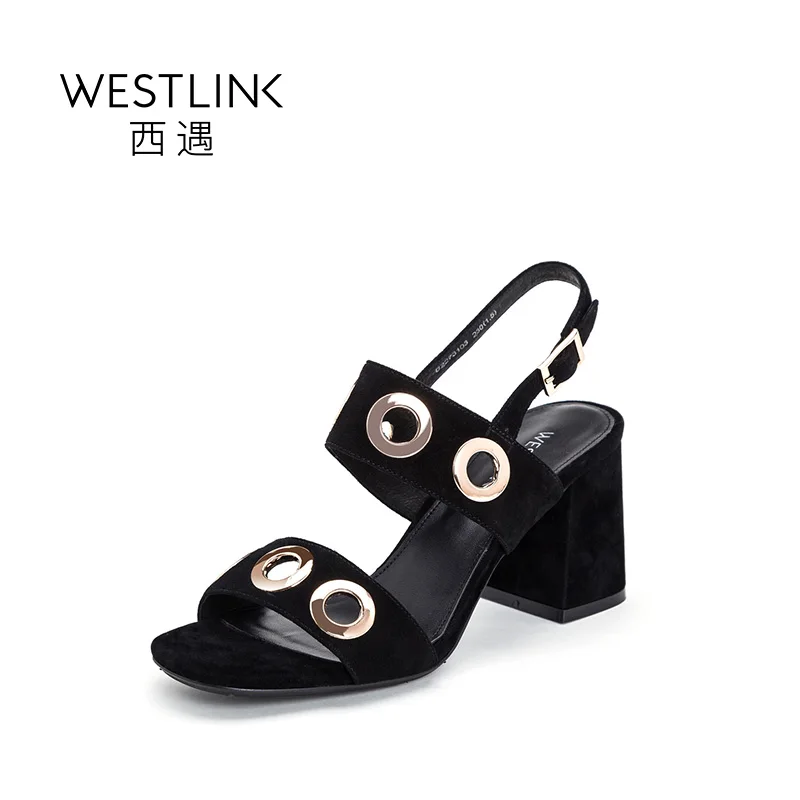 

Westlink Simple Jing Sheep Skin Hollow Buckle Square High Heels Women Sandals Black Brown 2017 Summer New