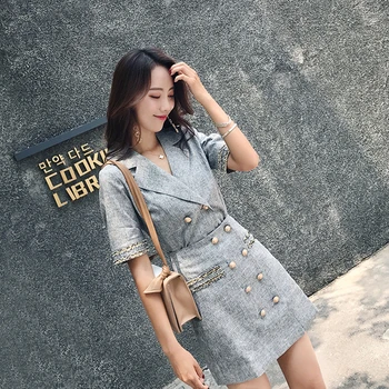 

Fashion Double Breasted Women Blazer Gray Two Piece Set Korean OL Top And Skirt Sets Woman Clothes Sets Artistic2019 Summer