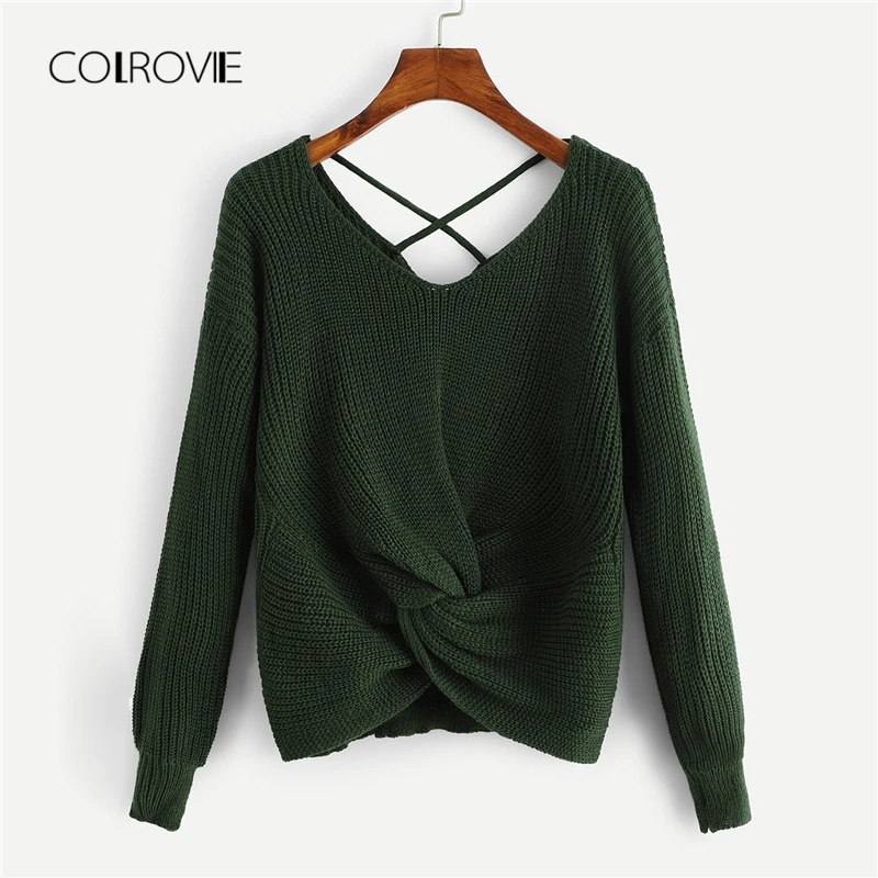 COLROVIE تويست كريسس الصليب أنيقة المحاصيل الأخضر سترة المرأة قمم 2018 سترة بلا سحّاب أنيقة عارضة الشتاء البلوز السيدات البلوزات