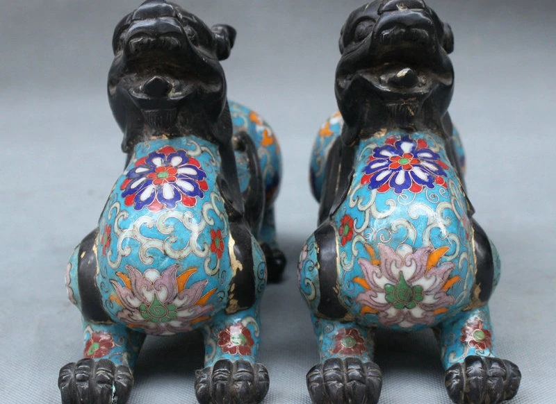 

8" Old Chinese FengShui Palace Cloisonne Unicorn Lion Kylin Pixiu Statue Pair