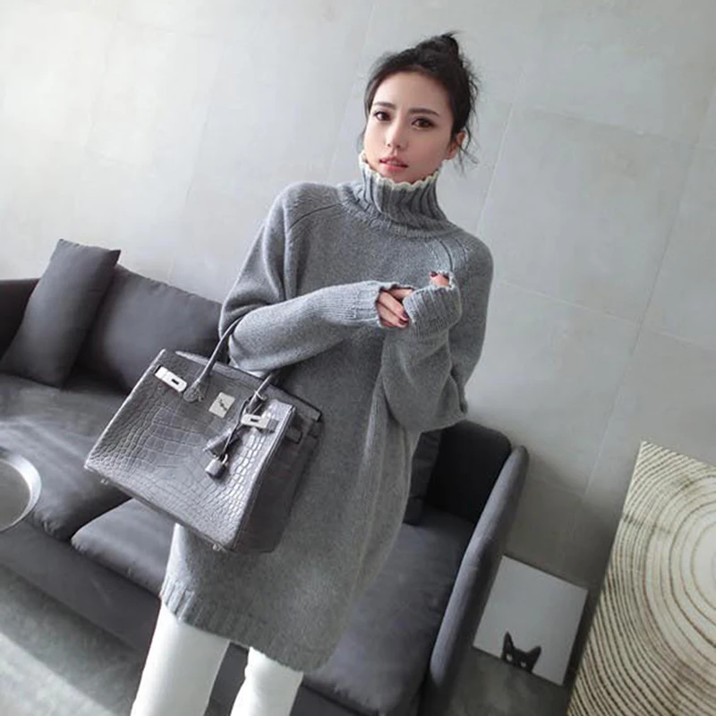 

2019 Fall Winter Thick Turtleneck Cashmere Women Sweater Dress Long Knitted Pullover Sueter Mujer Invierno Ladies Plus Size