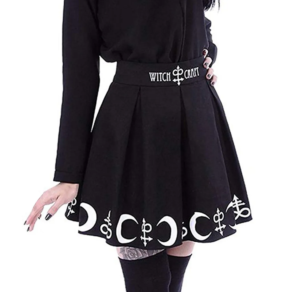 Jaycosin Skirt Ladies Black Moon Print Punk Gothic Pleated Skirt Pencil Short Mini Skirt Ladies Simple Solid Daily Skirt June 14