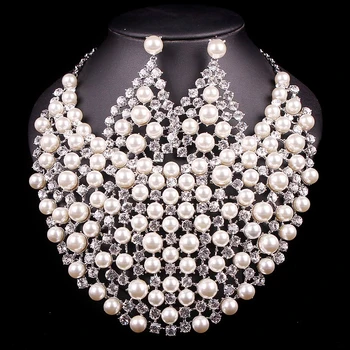 

Luxury Silver Plated Pearl Bead Bridal Jewelry Sets Wedding Necklace Earrings For Brides Party Costume Accessories Gifts Women