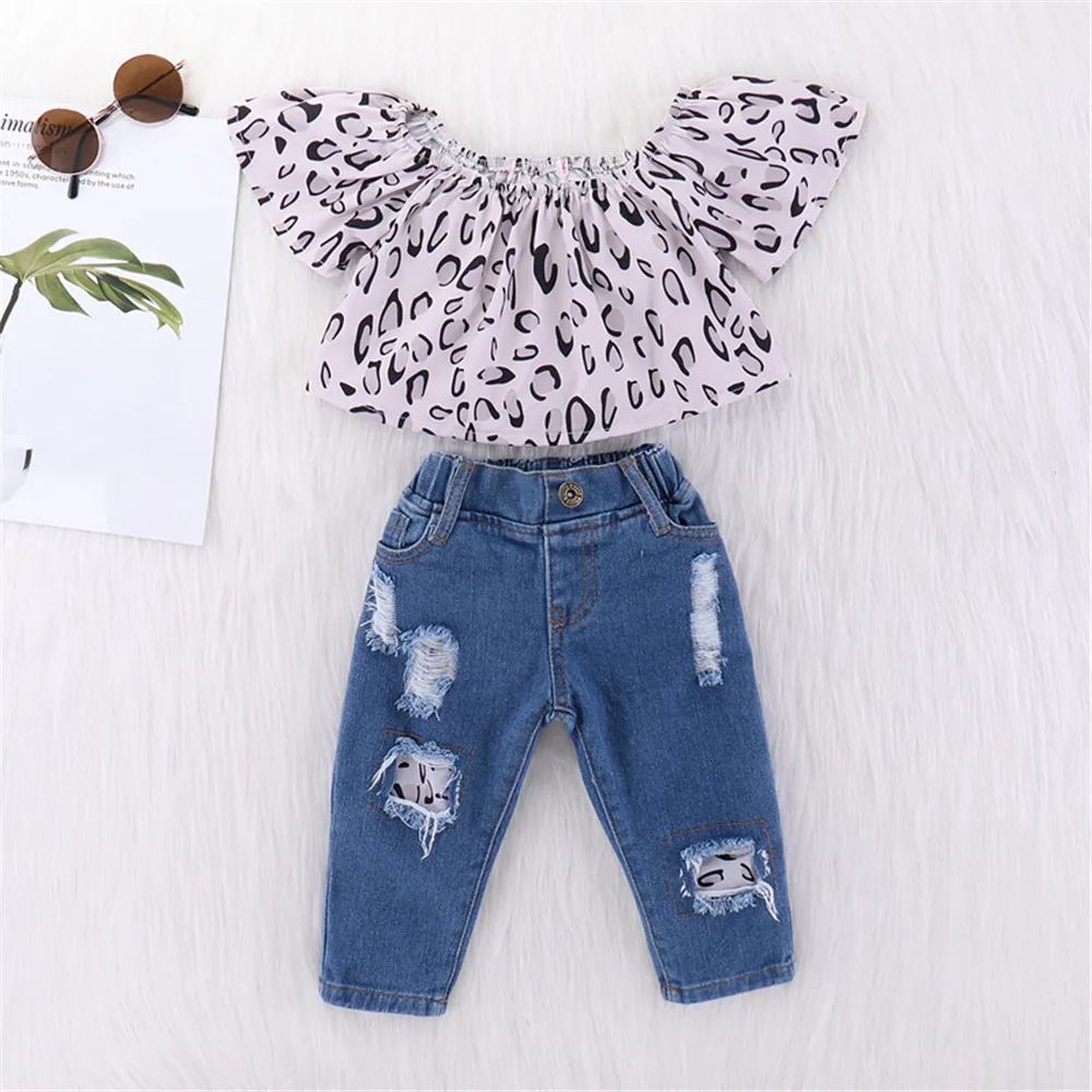  2pcs Toddler Infant Baby Girls Leopard Print Flying Sleeve Tops TShirt Jeans Pants Outfits Clothes 