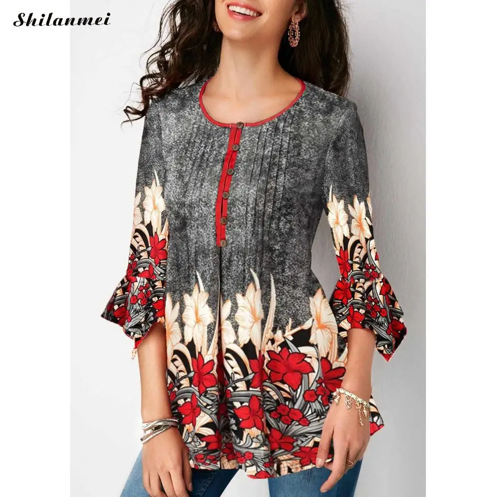 Женская блузка с рукавом три четверти с цветочным принтом, повседневная свободная туника, женская блузка, рубашки, модная женская одежда размера плюс, 5XL