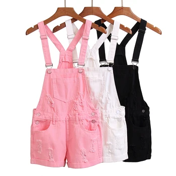 

Korea High Waist Demin Overalls Fashion Loose Ripped Hole Rompers Women Casual Playsuits Sweet Girls Pink Cute Kawaii Shorts