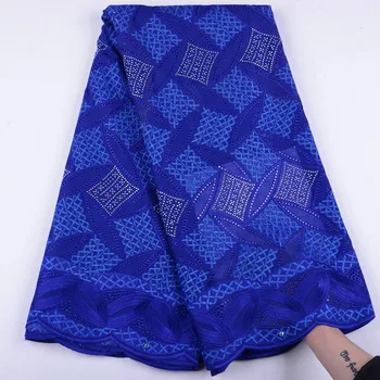 

Royal Blue Cotton Lace Fabric With Rhinestones Fashion Swiss Voile Lace Fabric Embroidery Dry Lace For Party Dress A1524