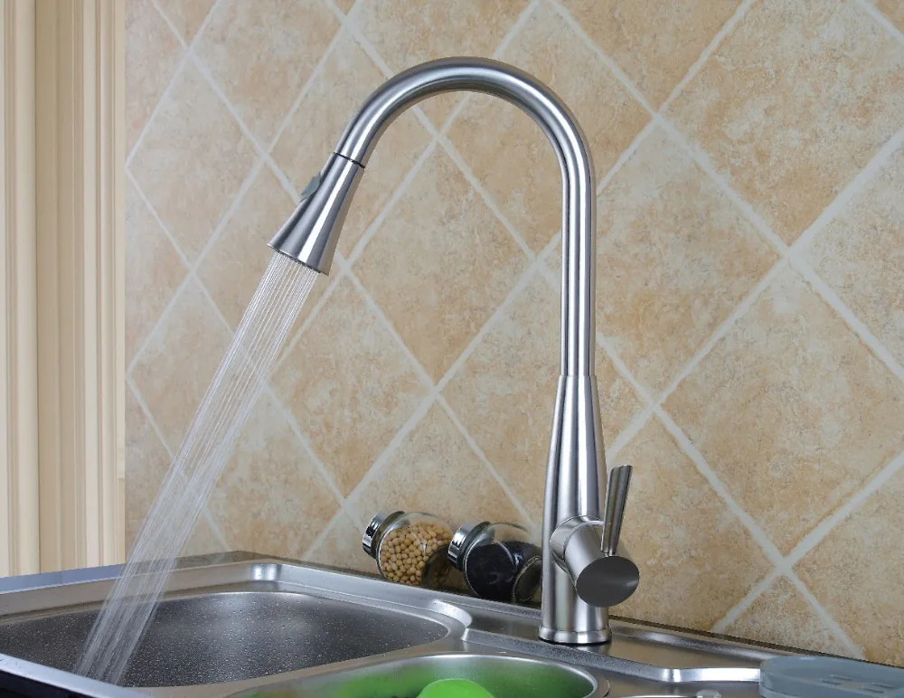 

Free ship Brushed nickel Swivel Pull out Spray Kitchen Sink Faucet mixer tap Single hole deck mounted