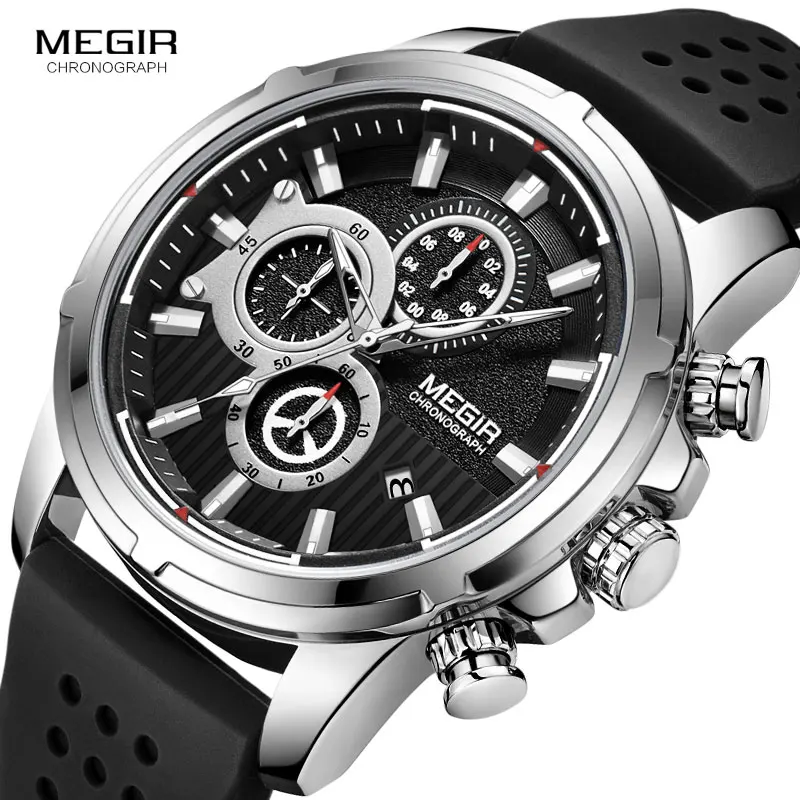 Günstige MEGIR Armee Sport Quarz Uhren Männer Chronograph Silikon Strap Armbanduhr Luxus Top Marke Relogios Mascuoino Uhr 2101 Silber