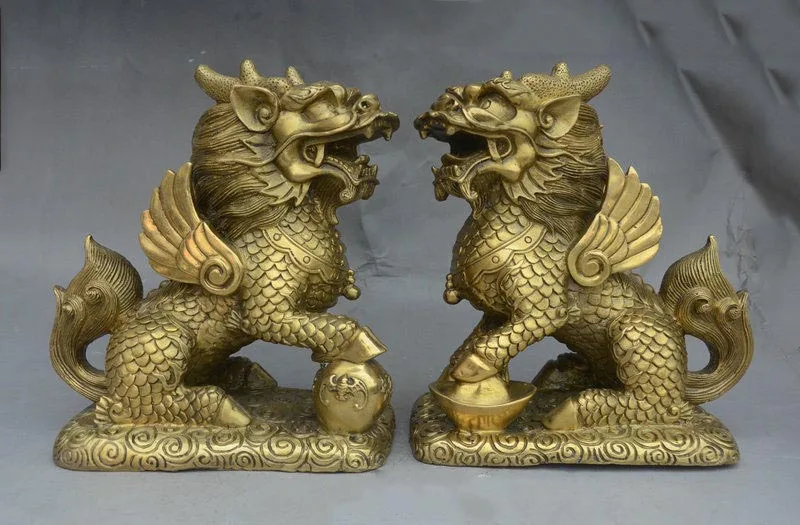 9" China FengShui Brass Wealth YuanBao Dragon Kylin Unicorn Beast Statue Pair