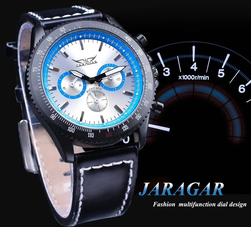 Jaragar спортивный гоночный дизайн черный натуральная кожа синий 3 циферблата армейские Механические Мужские автоматические наручные часы лучший бренд роскошные часы