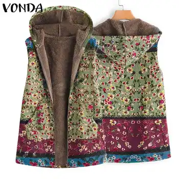 

Fashion Women's Winter Autumn Cotton Coats Floral Print Thick Jackets VONDA Female Sexy Sleeveless Hooded Warm Outerwear Plus