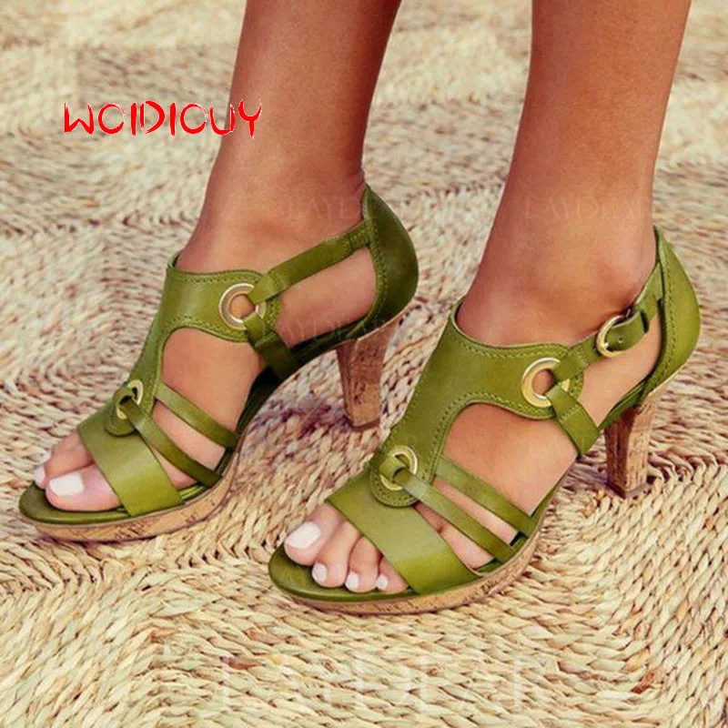 

Green Gladiator High Heels Bohemian Sandals Women Open Teo Ankle Sandals Summer Shoes Female platform sandals Beach Shoes Women