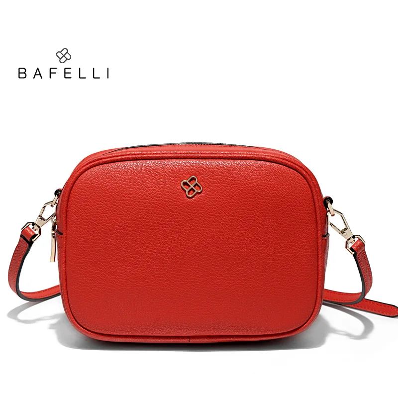 

BAFELLI new arrival split leather shoulder bag simple circular bag solid zipper bolsa feminina hot sale red small women bag