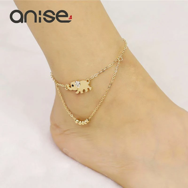 Cute Animal Elephant Rhinestone Bead Anklets Bracelet For Women Gold Color Stainless Steel