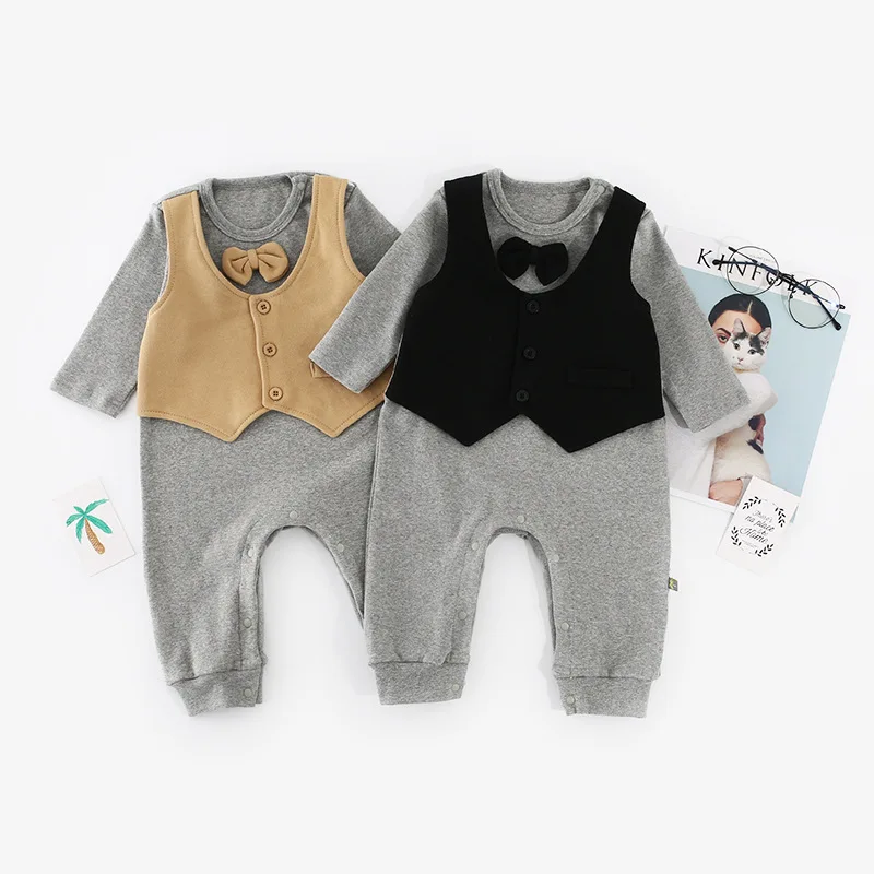 Baby Rompers Kids Boys Gentleman Bow Tie Suit Baby Onesies Spring Autumn Long-sleeved Vest Romper Baby Jumosuits Toddler Infant