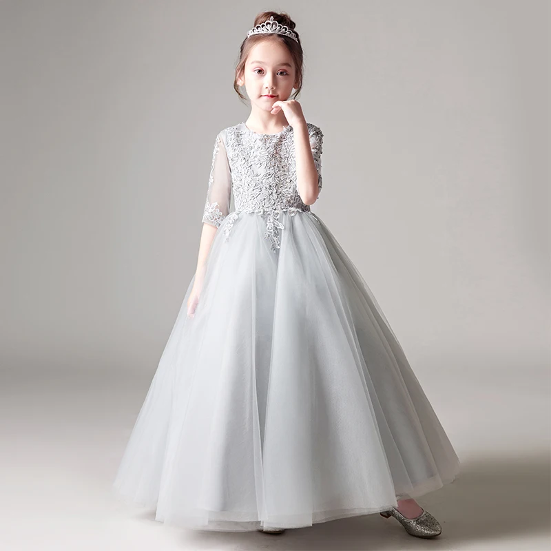 Elegant Gray Tulle Flower Girl Dress For Weddings Baby Baptism Gown