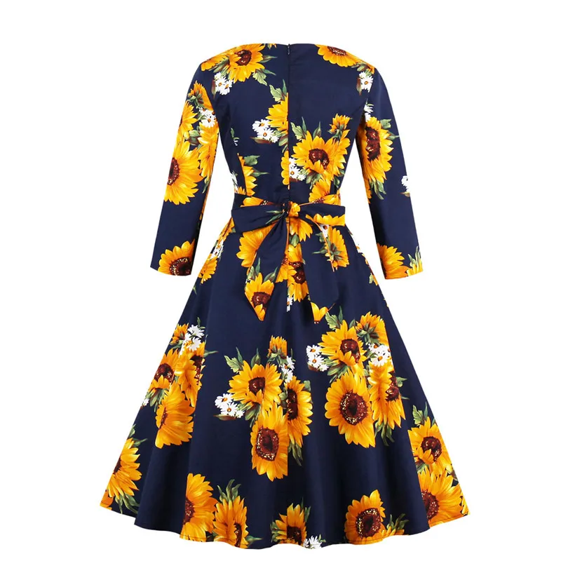 

Cotton 1950s vintage autumn dresses women sunflowers print a-line o neck bow party elegant 2019 female vintage dresses Hot