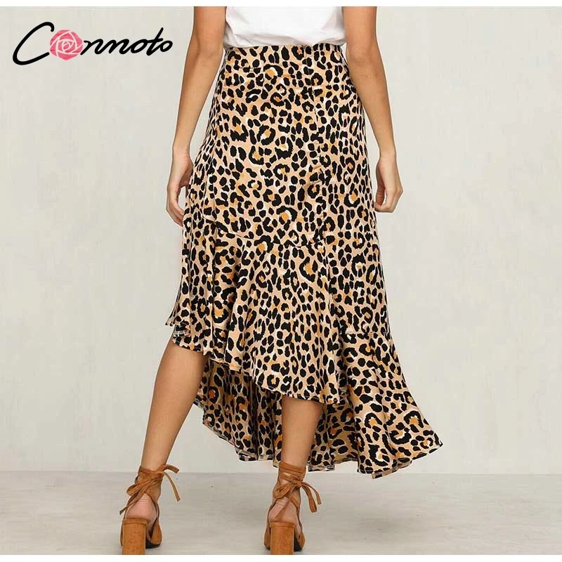 Conmoto Модная длинная юбка с леопардовым принтом, летняя повседневная юбка с высокой талией, элегантная длинная юбка с разрезом, юбка с воланами, лето