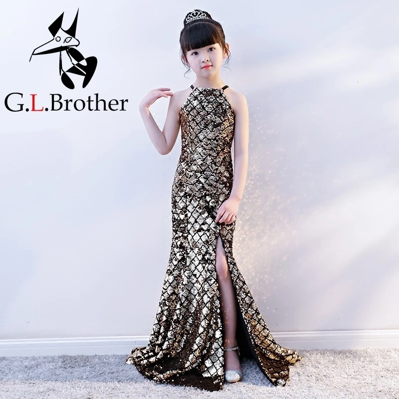 Luxury Gold Mermaid Kids Pageant Dress For Birthday Costume Sequines Halter Split Girls Evening Dress Bodycon Fishtail Gowns B цена Luxury Gold Mermaid Kids Pageant Dress For Birthday Costume Sequines Halter Split Girls Evening Dress Bodycon Fishtail Gowns B цены онлайн