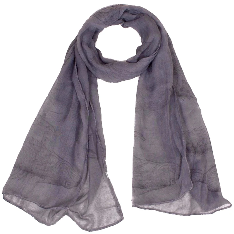 2019 Lightweight Fashion Women Scarf Gray Fish Print Long Soft Polyester Small Winter Warm