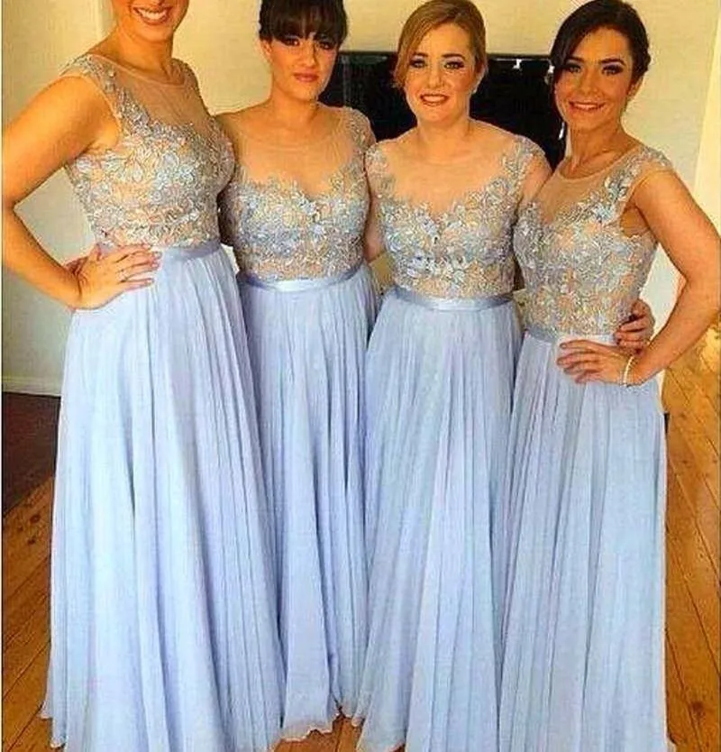 07 Formal Sky Blue Lace Chiffon Beach Long Bridesmaid Dresses 2016 Summer Wedding Party Dresses Sheer Neck Maids of Honor Dresses 119