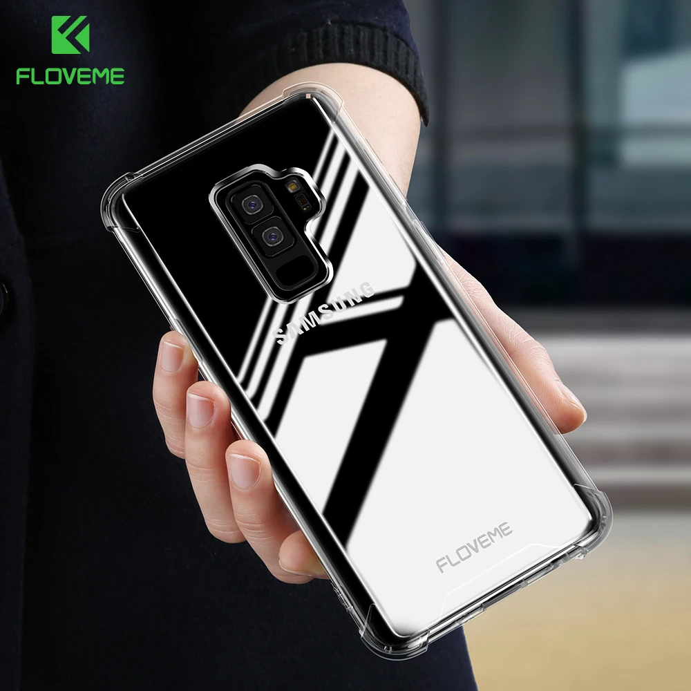 FLOVEME Transparent Case For Samsung Galaxy S9 Plus Shockproof Airbag Clear Crystal Cases TPU Hard PC Cover |