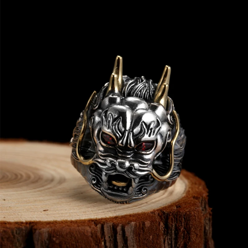  ZABRA Luxury 925 Sterling Silver Dragon Ring Big Adjustable Size Red Stone Cubic zirconia Punk Mens