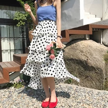 Летняя модная женская хлопковая юбка в горошек, Женская юбка с эластичным поясом и оборками, четырехслойная многослойная юбка до щиколотки