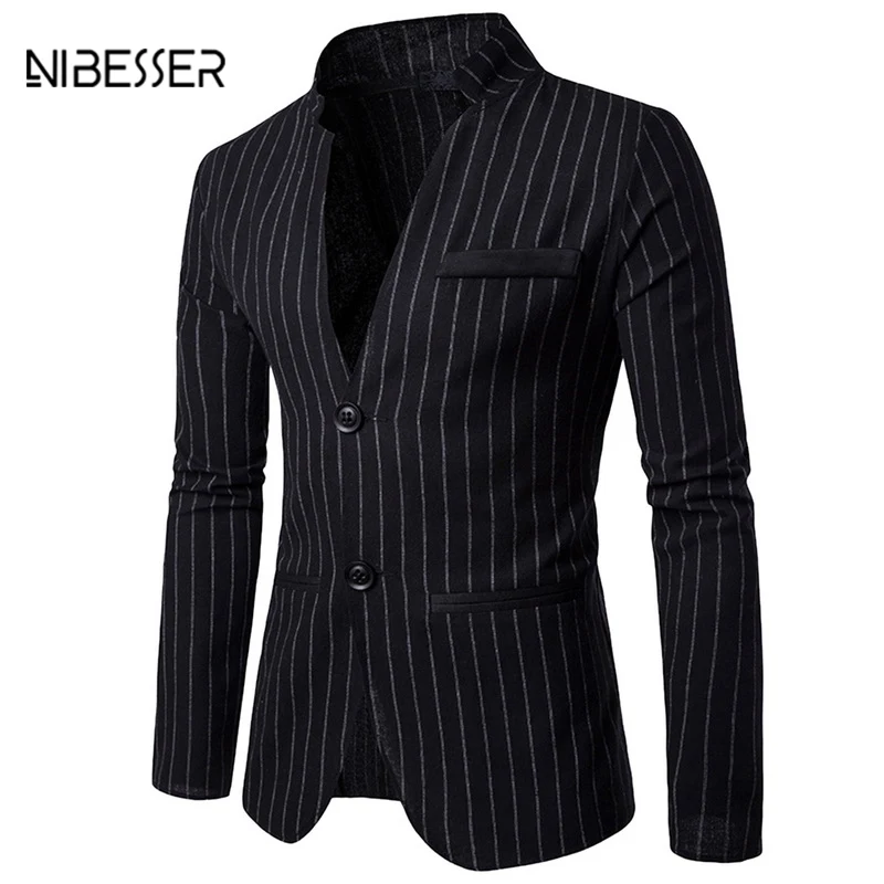 NIBESSER Stand Collar Blazer Men Fashion Striped Suit Blazer Single