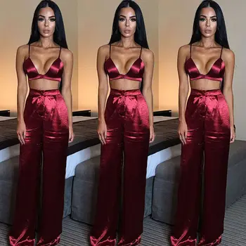 

Women Ladies Palazzo Plain Flared Wide Leg Pants Leggings Baggy Trousers Sleepwear Clothes Set Wine Red