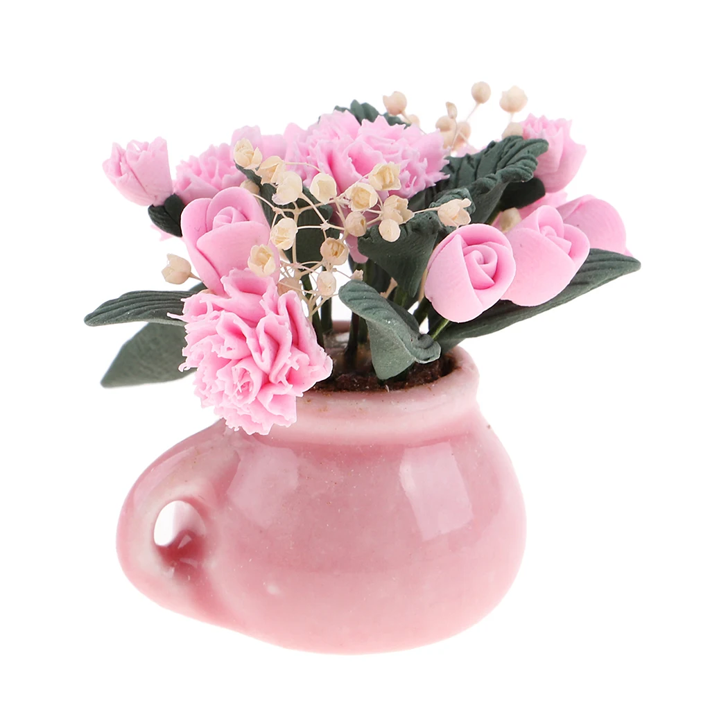 1:12 Dollhouse Miniature Pink Flower In Glass Vase Dolls Room Table Garden Decoration  Decor Accs Furnishings