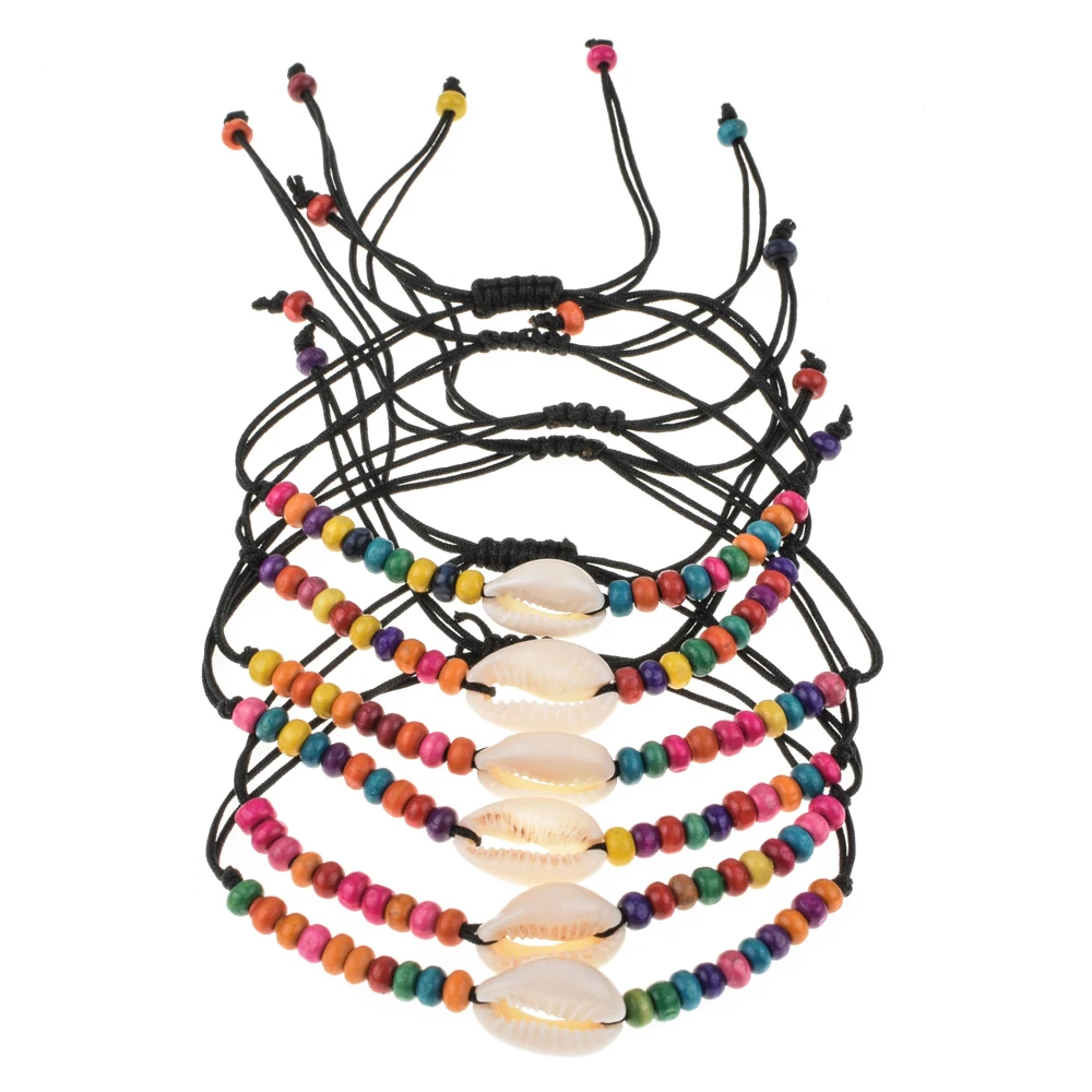 

6 pcs/lot Bohemian Shell Charms Adjustable Bracelets Handmade Wooden Beads Strand Bracelet Ethnic Jewelry For Women Kids Gift