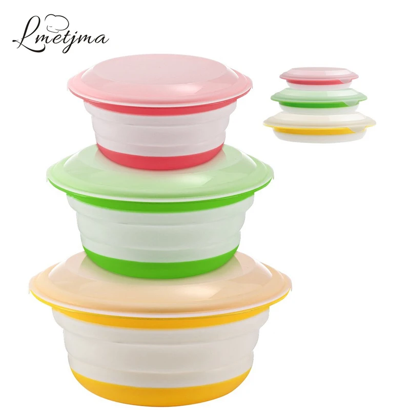 

LMETJMA 4pcs/set Silicone Collapsible Storage Bowls with Lids BPA Free Microwave Lunch Box Portable Leakproof Travel Bowl KC0058