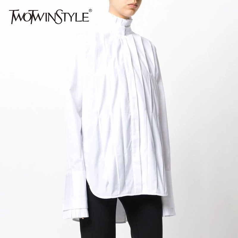 

TWOTWINSTYLE Plaid Blouse Women's Shirts Tops Female Stand Collar Long Sleeve Pleated Blouses Autumn Fashion Clothing New 2019