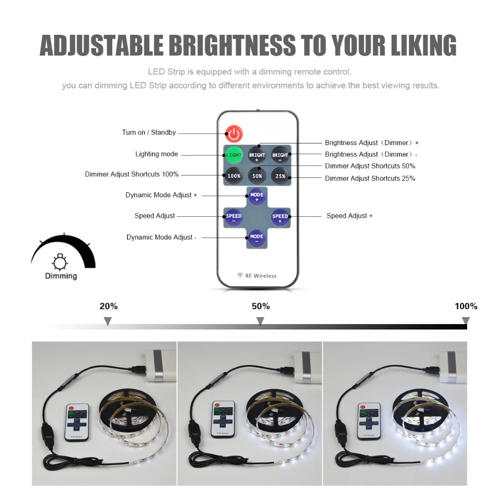 С регулируемой яркостью 5V USB светодиодный светильник Светодиодные ленты 2835 17key RF Диммер дистанционный Управление гибкий светодиодный светильник лента ТВ ПК Подсветка украшения