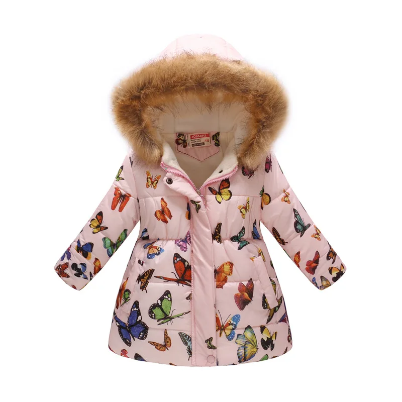 Новинка года; зимнее пальто с цветочным принтом для девочек; пуховик с капюшоном и меховым воротником и карманами; утепленная хлопковая верхняя одежда; детская теплая куртка - Цвет: at picture