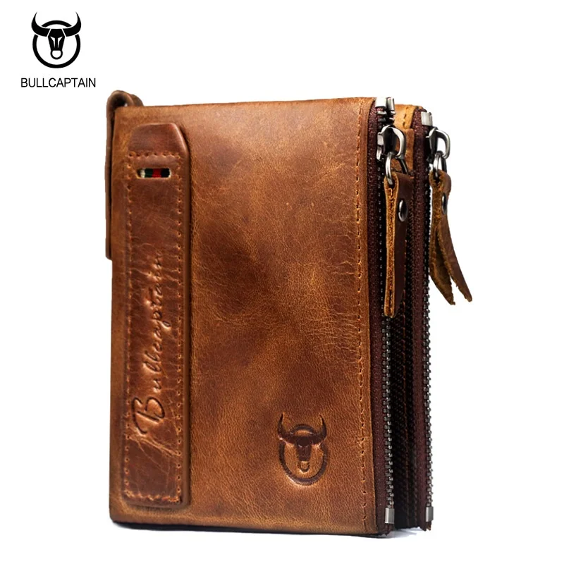 BULLCAPTAIN Genuine Leather Zipper Men Wallet Vintage Mens Small Wallet Short Design Cowhide ...