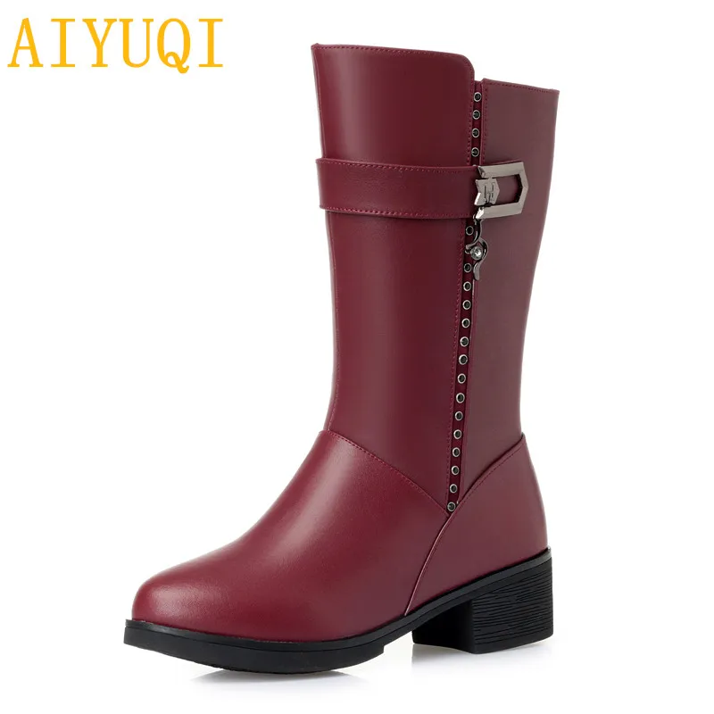 

AIYUQI Women winter shoes 2019 new genuine leather wool boots,big size 35-43 thick warm female snow boots, red shiny boots lady