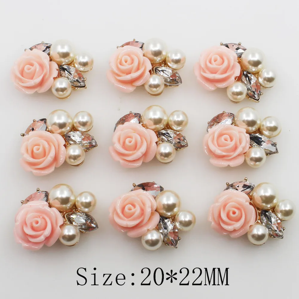 

New 10Pc 20*22MM Oval Pearl resin roses Button golden metal Wedding Bride holding flowers decorate hair accessories scrapbook