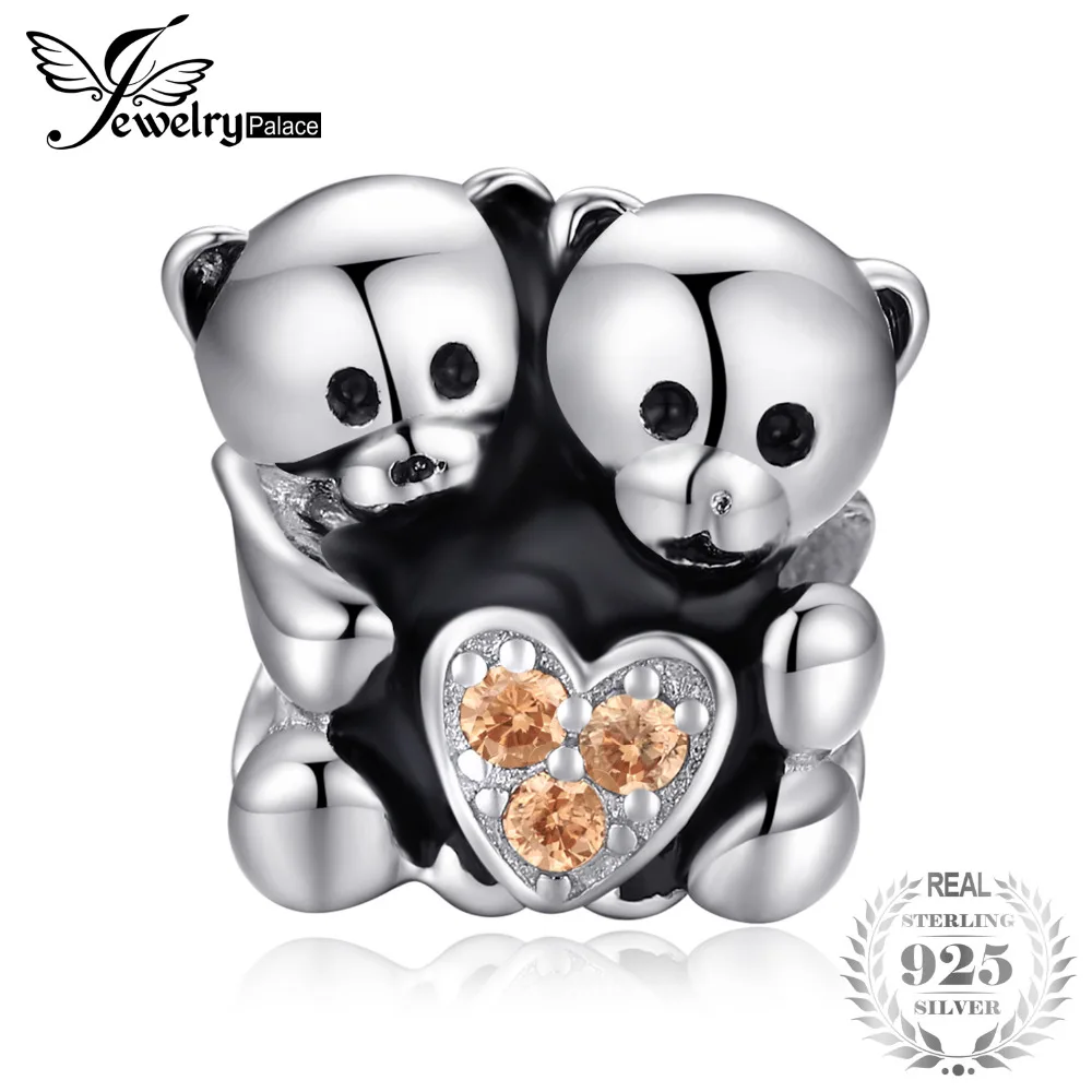 

JewelryPalace Double Bear Hug Created Yello Nano Love Heart 925 Sterling Silver Charm Bead Fit Bracelets