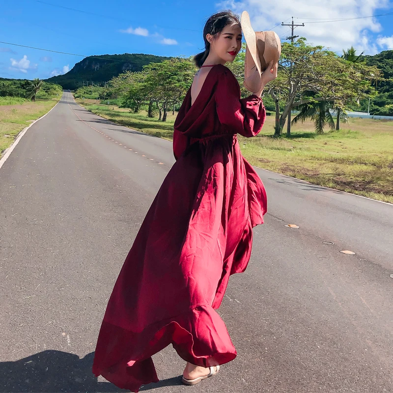 

Real shot seaside holiday dress 2018 hot fashion dress sexy female open backless deep V-neck dress elegant party red satin dress