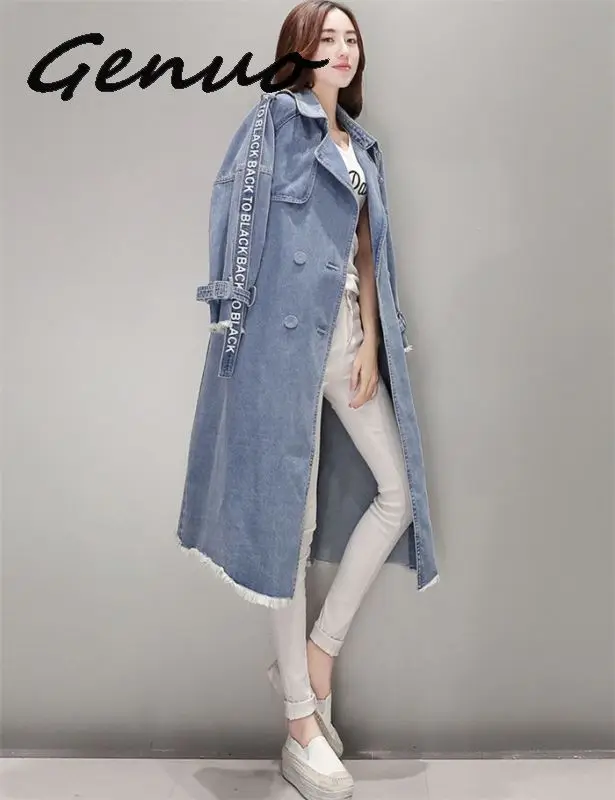 Women's Trench Coat spring Waist Denim Windbreaker Fashion Full Sleeve Outwear Printed Female Long Denim Coat Loose Big Size