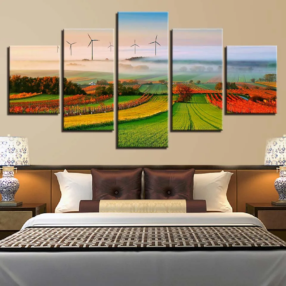 

HD Printed Modern Canvas Pictures Framed Wall Art 5 Pieces Flower Field Landscape Windmill Modular Poster Home Decor Living Roo