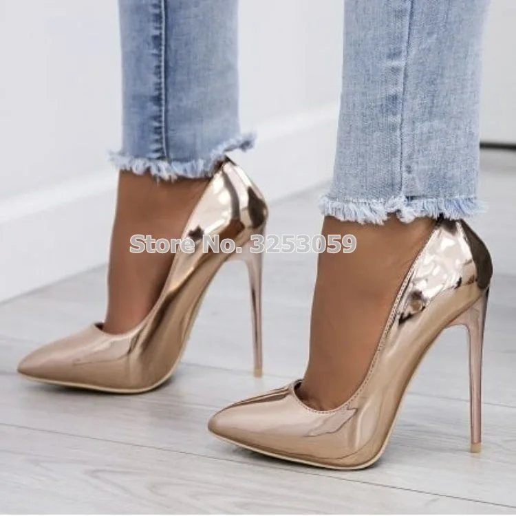 ALMUDENA Hot Selling Popular Rose Gold Patent Leather Pointed Toe Pumps Shallow Cut Slip-on Stiletto Heels Street Runway Shoes | Обувь